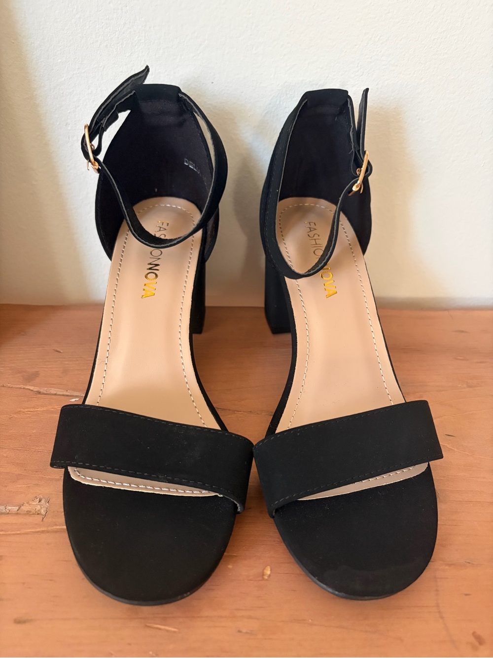 Fashion Nova Black Suede-Like Ankle Strap Block Heels